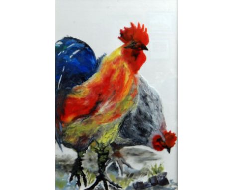 KAREN JONES ceramic / glass - a cock & hen scratching for food, signed in full & entitled verso 'Ceiliog a Iar', 45 x 29cms