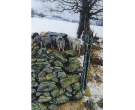 KEITH BOWEN pastel - sheep feeding in trough in snow, signed, 36 x 24cms