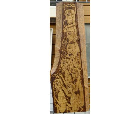 LESLEY LANMAN wood carved panel with poker-work - series of heads and bodies intertwining with Celtic patterns, 79cms high x 