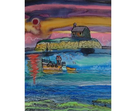 DORIAN SPENCER DAVIES mixed media - humorous & colourful seascape depicting St Cwyfan's Church, Anglesey with fishing boat & 