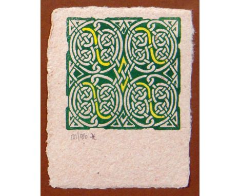 UNKNOWN limited edition (181/450) print - Celtic motif in green and yellow, monogrammed, 9 x 7cms Provenance: The Estate of P