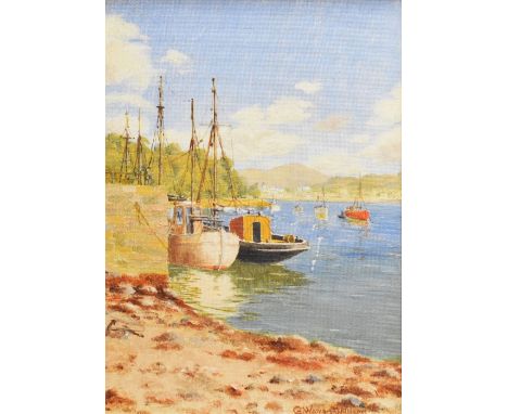 G WARREN WILLIAMS oil on board - boats tied up at quayside & moored in estuary, with plaque to frame titled 'Conwy River' tog