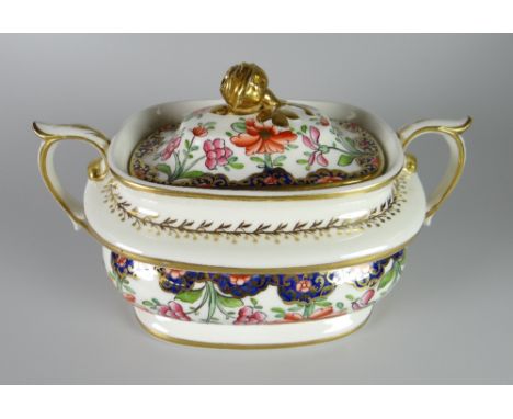 A GOOD SWANSEA PORCELAIN TWIN-HANDLED SUCRIER & COVER in Japan pattern No.225 and having a closed-rose knop picked out in gol