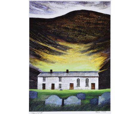OGWYN DAVIES signed print -  historic and remote Calvinistic Welsh chapel `Soar y Mynydd` with mountainside, superimposed wit