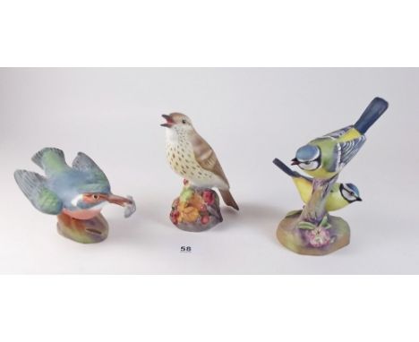 Three Royal Worcester medium birds comprising: kingfisher, blue tit pair and thrush