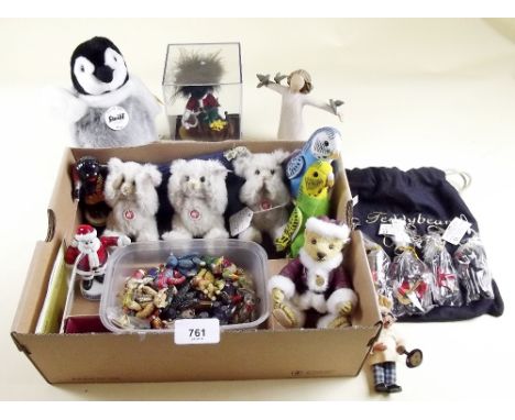 A box of Steiff toys, miniature Steiff resin teddies and trinkets etc.