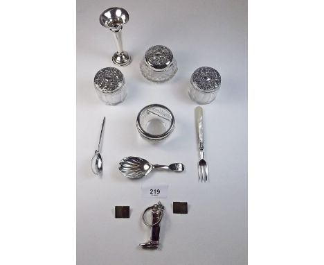 A group of silver and silver plated items including three silver and cut glass dressing table pots, caddy spoon, gold plated 