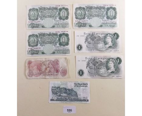 A quantity of Bank of England £1 green notes including cashier L K O'Brien pre-fix: C99L, X90J and Z66K 1955. Pre-fix: A06590