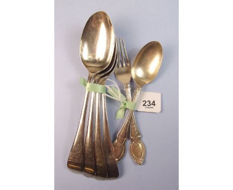 Four silver dessert spoons Sheffield 1923 205g and a silver christening spoon and fork Sheffield 1900 by James Dixon &amp; So