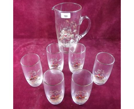 A vintage lemonade set with jug and six tumblers printed hunting scene