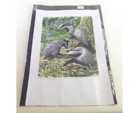 John Tennant - lithograph of badgers, signed in pencil 32/70 - 37 x 29cm unframed