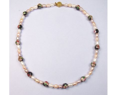 A freshwater pearl and enamel bead necklace