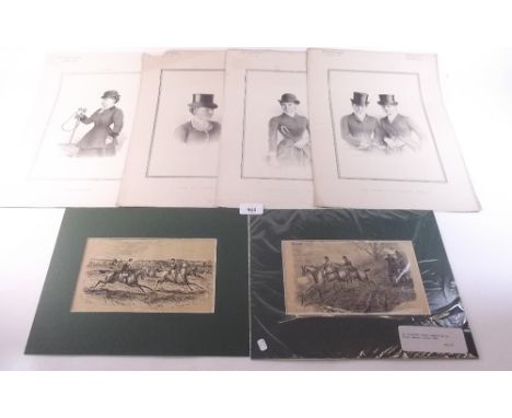 Four Sporting Gazette prints of prominent hunts-women, and two fox hunting prints by Finch Mason - all unframed