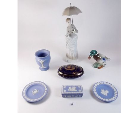 Four items of Wedgwood Jasperware, a Nao figure and a duck