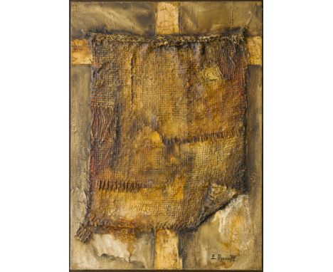 Eugene RUKHIN (1943-1976) Komposition mit Kreuz, Kartoffelsack und Bronze-IkoneMischtechnik auf Leinwand, signiert und datier