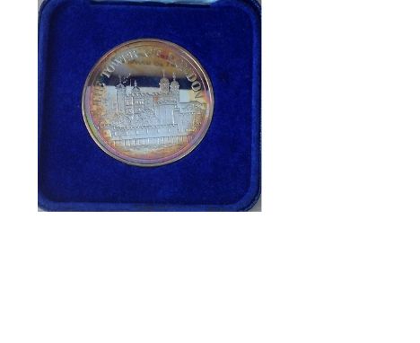 Tower of London Tower Mint Solid Bronze commemorative medallion in original Tower Mint Blue presentation box, slightly tarnis