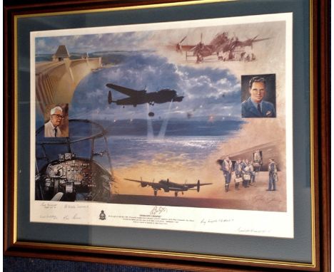 Dambuster multiple signed WW2 print. 24X28 framed print titled Operation Chastise by the artist John Young signed by six bomb