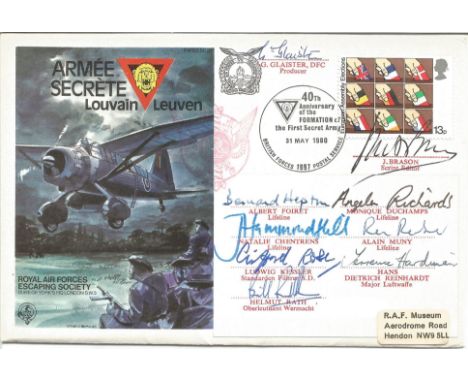Secret Army RAF Escaping Society cover signed by nine members of the TV series. Includes Bernard Hepton, Moniaue Duchamps, Na