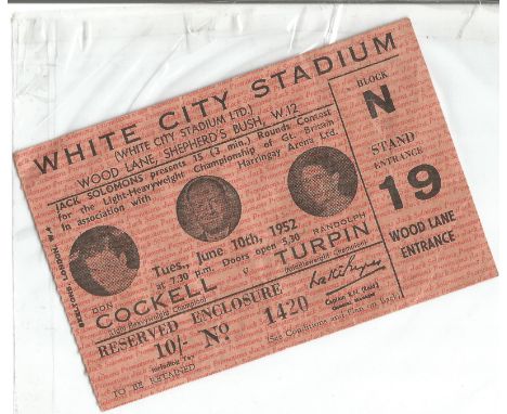 Boxing unsigned ticket for Don Cockerill v Randolph Turpin 1952 at white city stadium, in good condition, plus scruffy progra