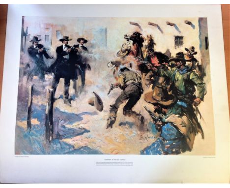 Historical Print 29x25 approx. titled "Gunfight at the OK CorRrl " by the artist Terence Cuneo pictured is a true ungarnished