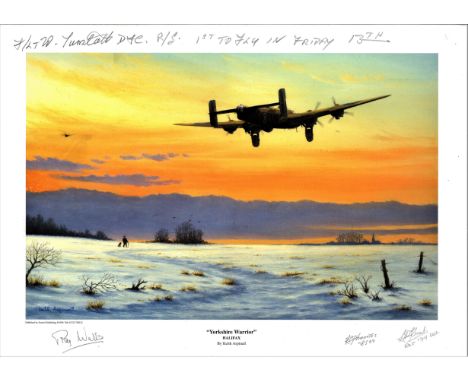 World War Two 16x12 print titled Yorkshire Warrior Halifax by the artist Keith Aspinall signed by bomber command veterans F/L