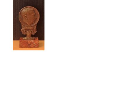 1933 vintage Adolf Hitler Bronze Portrait statue set on marble plinth, about 4 inches high, Swastika sunrise in reverse. Good