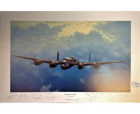 World War Two Lancaster 15x23 print titled Phantom in the Night by the artist Keith Aspinall signed by 13 Bomber command vete