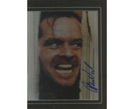 Jack Nicholson Heres Johnny from The Shining signed 10 x 8 colour portrait photo mounted in Blue. Good Condition. All signed 