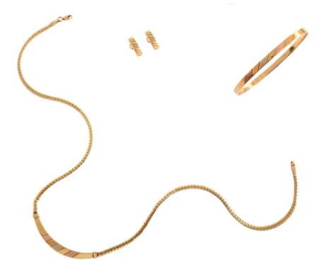 14ct gold 3-piece suite of 3-colour jewellery , comprising necklace, slave bangle and earrings, plain polished and textured d