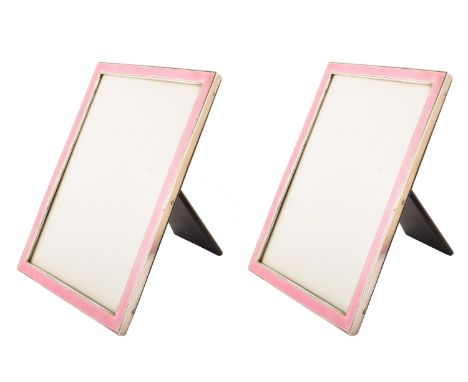 Pair of silver and pink enamel picture frames , engine turned guilloche pink enamel frames to plain polished silver borders, 