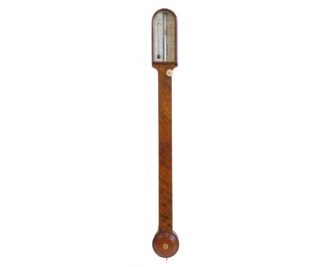 Lancaster &amp; Son, 5 Colmore Row, Birmingham, stick barometer, arched white dial with vernier, alcohol thermometer figured 