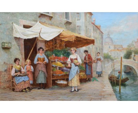 Arthur Trevor Haddon (British 1864-1941), "Fruit Stall, Venice", signed, titled on mount, oil on canvas, 39.5 x 59.5cm, 15.5 