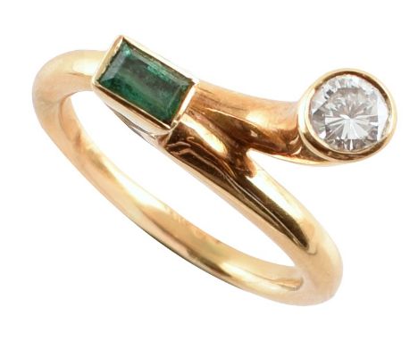 Diamond and emerald two stone modern design 18ct gold ring , the all-in-one tubular ring rubover set to staggered front, roun