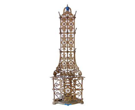 19th century Coalbrookdale cast iron corner hall stand, of aesthetic design, upper section with nine hat pegs, lower section 