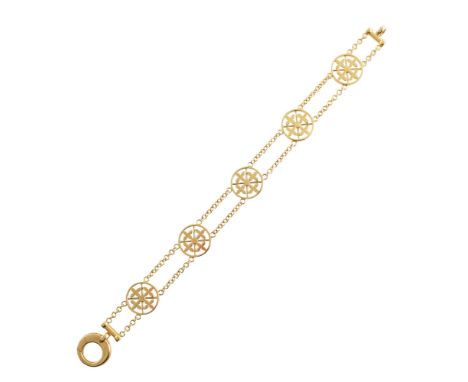 18ct gold 5-link bracelet , the 5 round wheel openwork links with 4 petal designs to each, 2-row chain link separators betwee