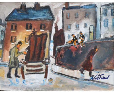 William Turner F.R.S.A., R.Cam.A. (1920-2013), "The Organ Grinder", signed, titled on verso, oil on board, 19.5 x 24cm, 7.75 