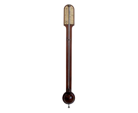 C Pozzi, Liverpool mahogany stick barometer, ivory plates with vernier and mercury, thermometer cistern tube with turned cove