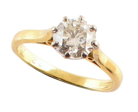 Diamond solitaire 18ct gold ring , the round brilliant cut diamond weighing 1.05 carat (stamped to inside shank), assessed co