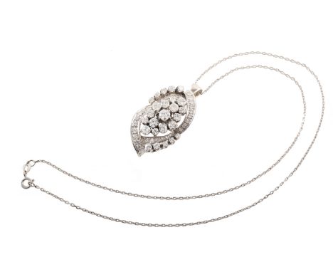 Oval diamond fancy cluster white gold pendant and chain , comprising a total of 55 round brilliant cut diamonds, the centre d