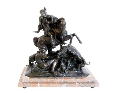 After Theodore Gechter (1796-1844), 19th century French bronze, modelled as the King boar hunting accompanied by attendants a