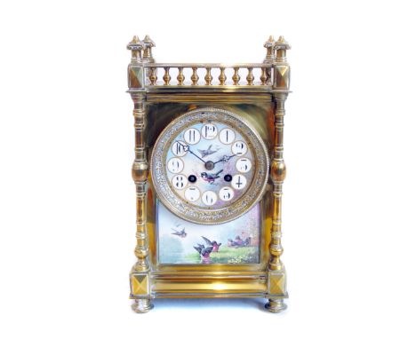Late 19th century French mantel clock, 8-day movement, striking on single gong, case with porcelain dial and decorative panel