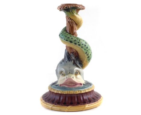 Minton Majolica dolphin candlestick , dated code for 1862, 19.5cm high CONDITION REPORT No damage, restoration or crazing.Con
