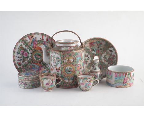 Early 20th century Cantonese porcelain, to include a ewer, plate, lidded box, vase, box base, two cups, and a cover, one carr