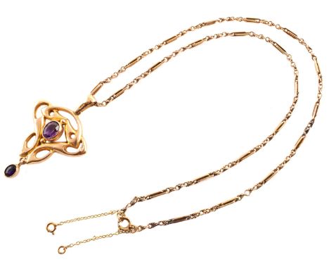 Amethyst set 9ct gold Art Nouveau style drop pendant and chain, 2 oval faceted amethysts, pendant 4cm long, fancy link 9ct go