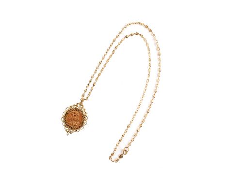 George V full sovereign gold coin pendant and chain , the sovereign dated 1918 in a 9ct gold mount on 9ct gold chain, gross w