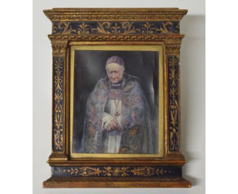 Miniature portrait of a priest, unsigned, watercolour on ivory, 12 x 10cm, 4.75 x 4in, set in a gilt and painted architectura