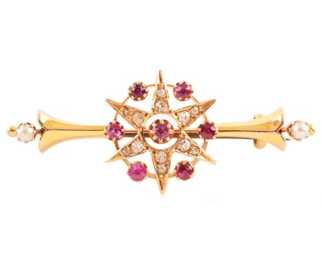Victorian/Edwardian ruby and diamond star burst cluster 15ct gold bar brooch , central 6-ray star cluster comprising 6 small 
