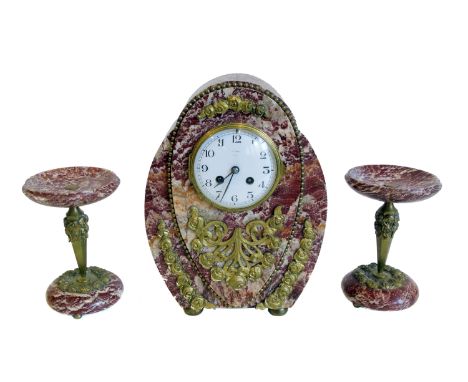 Late 19th century three-piece clock garniture, time piece with 8-day movement, striking on single bell, white enamel dial, br