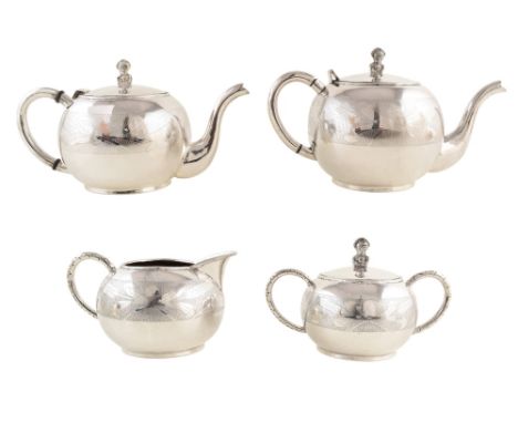 Columbian 900 standard silver 4-piece teaset and tray , comprising round teapot and hot water pot, sucrier and milk jug, oval