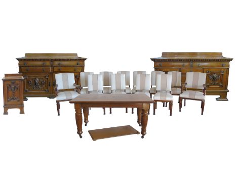 Edwardian light oak dining room suite comprising turned single chairs, two carvers, extending dining table with three leaves,